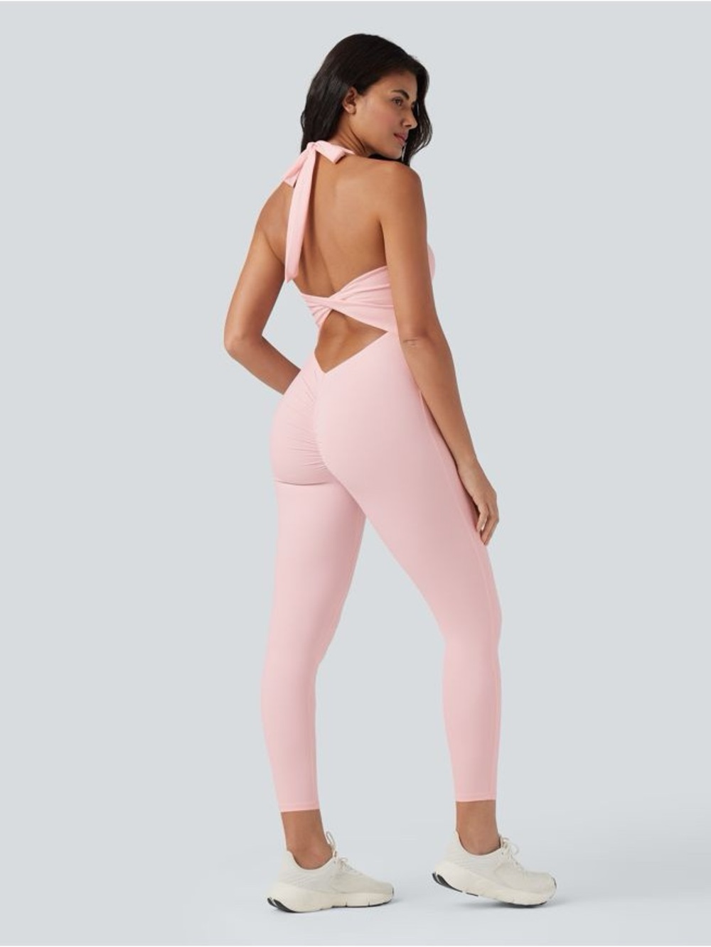 SoftlyZero™ Airy Halter Tie Back Cut-out Scrunch Yoga Skinny Jumpsuit‎
